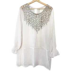 Vintage Solitaire‎ Swim White Sheer Cover Up Beaded Embellished Chiffon Top